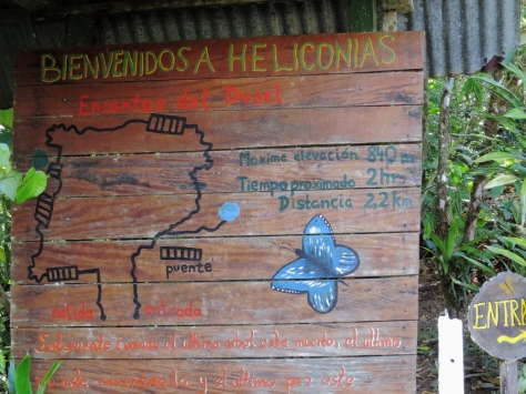 The trail at Heliconias Lodge indicating distance and suspension bridge locations - Costa Rica 3-22-2015